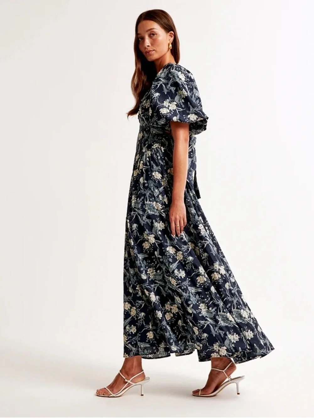 Abercrombie Hardware Drama Puff Sleeve Maxi Dress Navy Floral Dress XS Tall - Picture 3 of 7